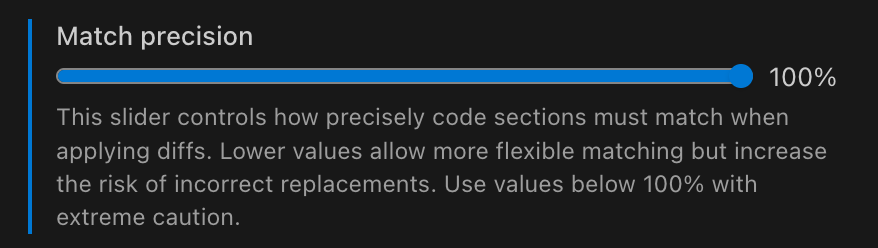 Saarthi settings showing Enable editing through diffs checkbox and Match precision slider